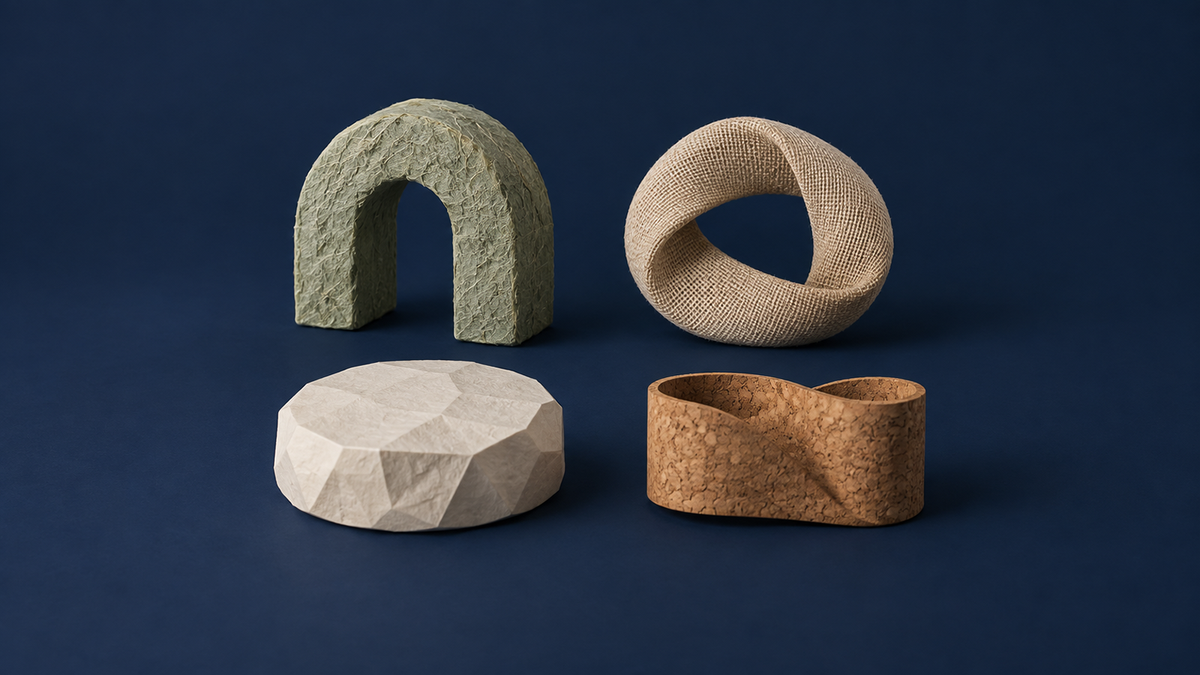Quattro forme scultoree astratte con texture fibrose, intrecciate, sfaccettate e simile al sughero, disposte separatamente su fondo blu scuro.