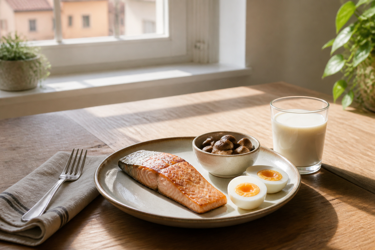 Alimenti che apportano vitamina D su un tavolo illuminato dalla luce naturale