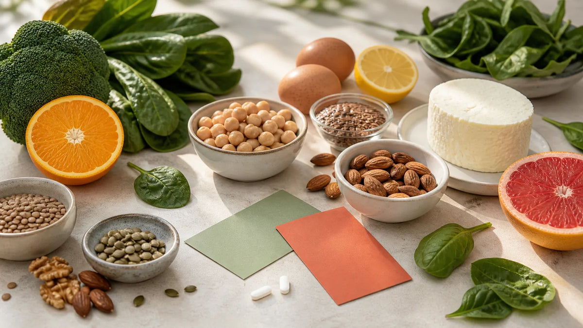Due compresse neutre accanto ad alimenti colorati fonti di vitamine e minerali