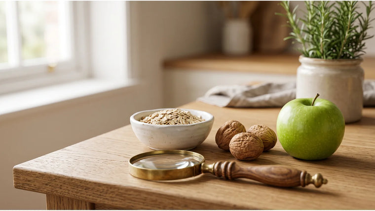 Lente di ingrandimento accanto a fiocchi d'avena, noci e mela verde per leggere gli ingredienti