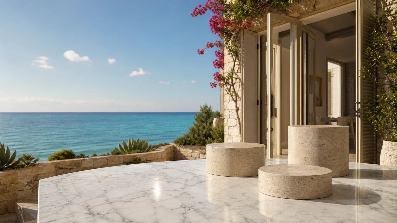 Patio di una villa siciliana sul mare con tavolo in marmo e piedistalli in pietra