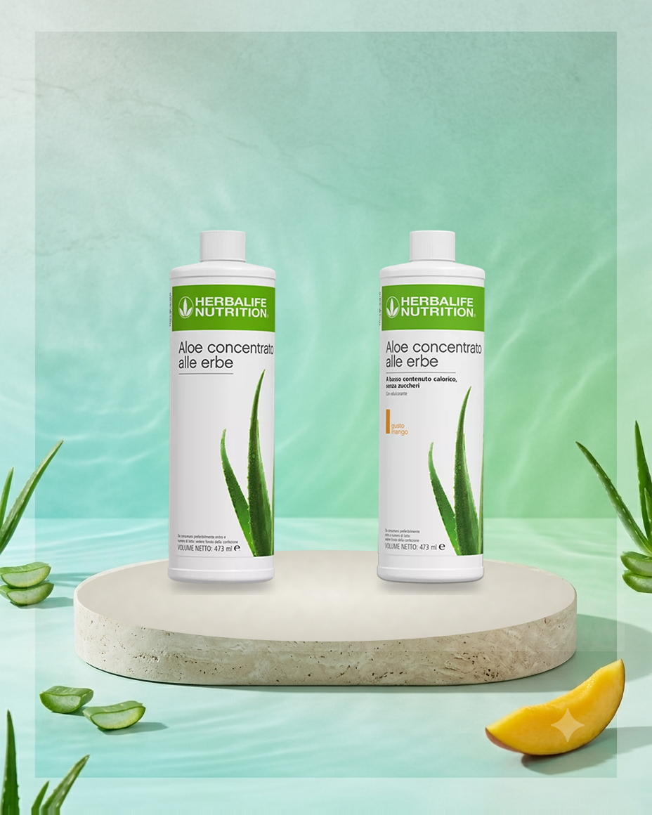 Aloe Concentrato alle Erbe Herbalife Neutro e Mango 473 ml su piedistallo, confezioni italiane ufficiali