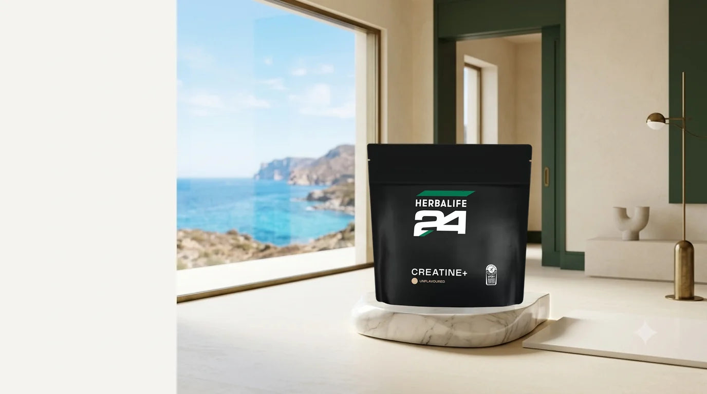 Herbalife24 Creatine+ in primo piano su un tavolo in una villa sul mare della Sardegna