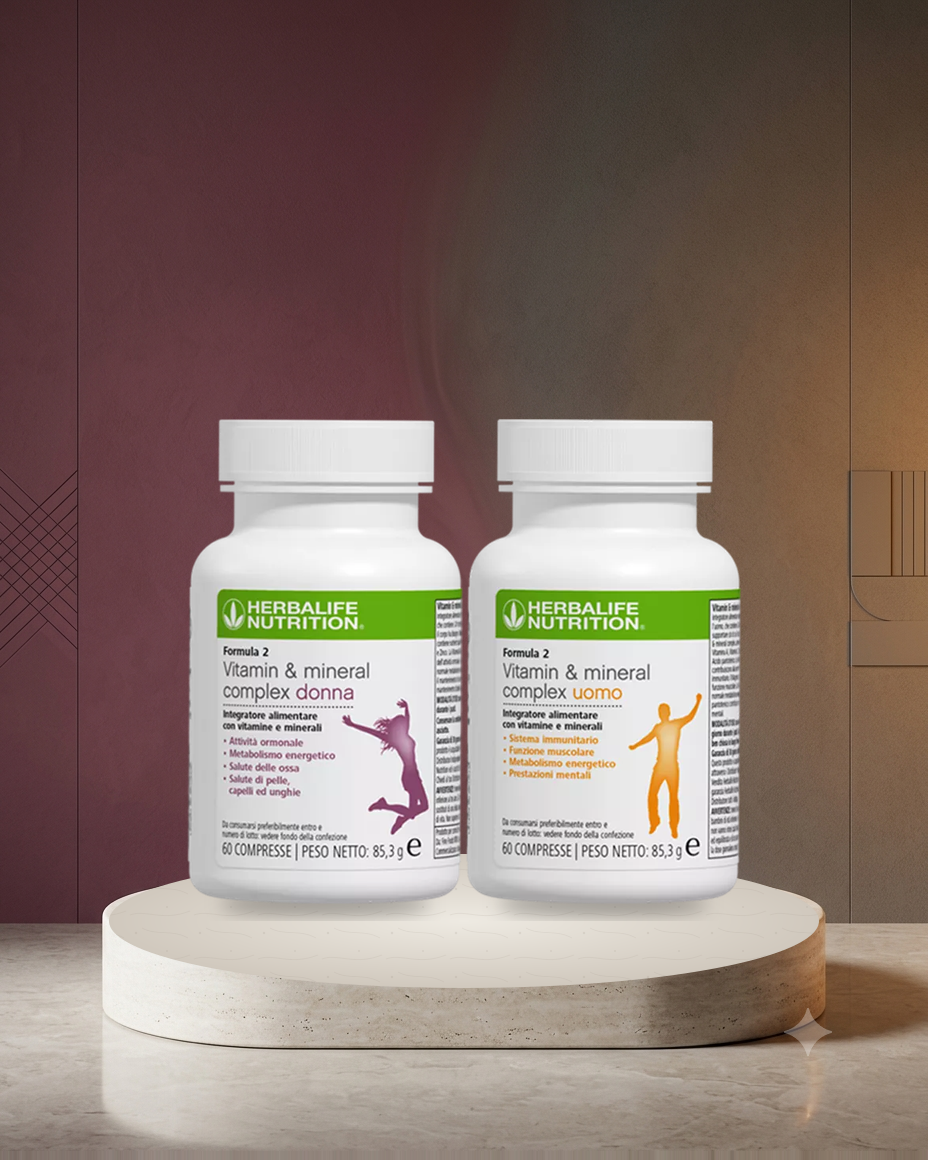 Formula 2 Vitamin e Mineral Complex Donna e Uomo Herbalife su piedistallo, confezioni italiane ufficiali