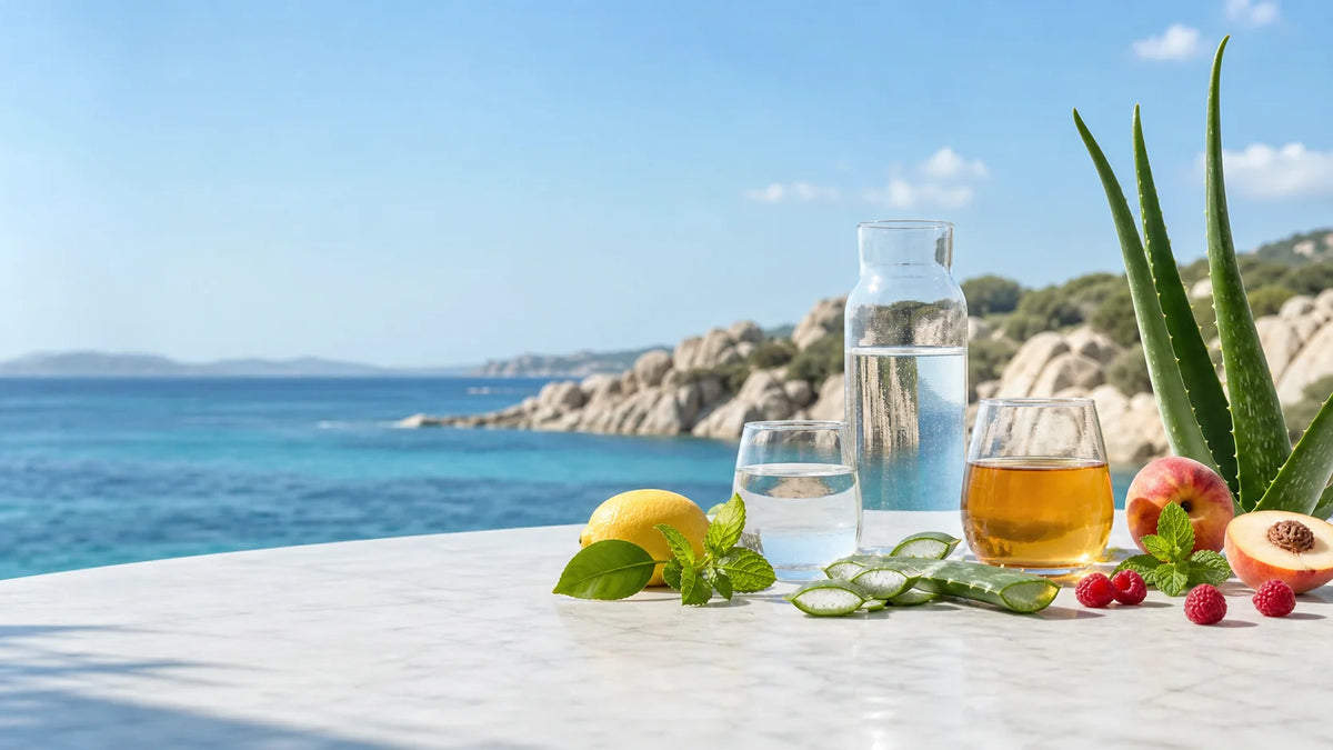 Acqua, Aloe e frutta su un tavolo in marmo davanti al mare della Sardegna
