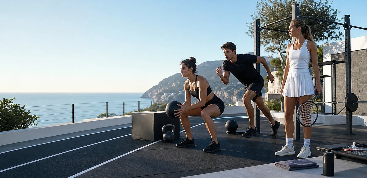 Allenamento funzionale e tennis su una terrazza mediterranea affacciata sul mare