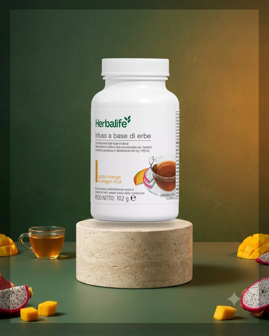 Infuso a Base di Erbe Herbalife gusto mango e dragon fruit su piedistallo, confezione italiana ufficiale
