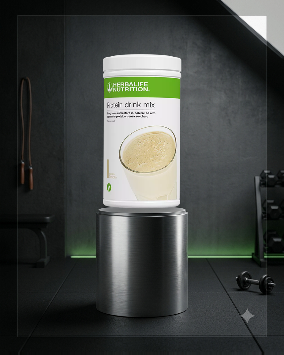 Protein Drink Mix Vaniglia Herbalife 588 g in ambientazione fitness, confezione italiana ufficiale