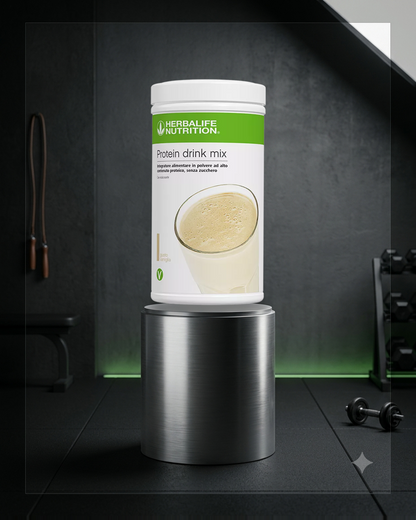 Protein Drink Mix Vaniglia Herbalife 588 g in ambientazione fitness, confezione italiana ufficiale
