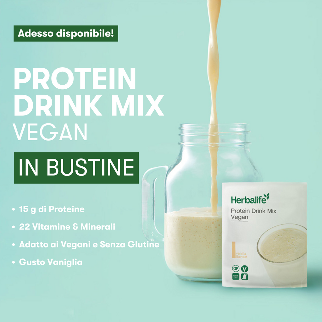 Poster ufficiale Herbalife Protein Drink Mix Vegan in bustine, gusto vaniglia, con bevanda versata in un bicchiere