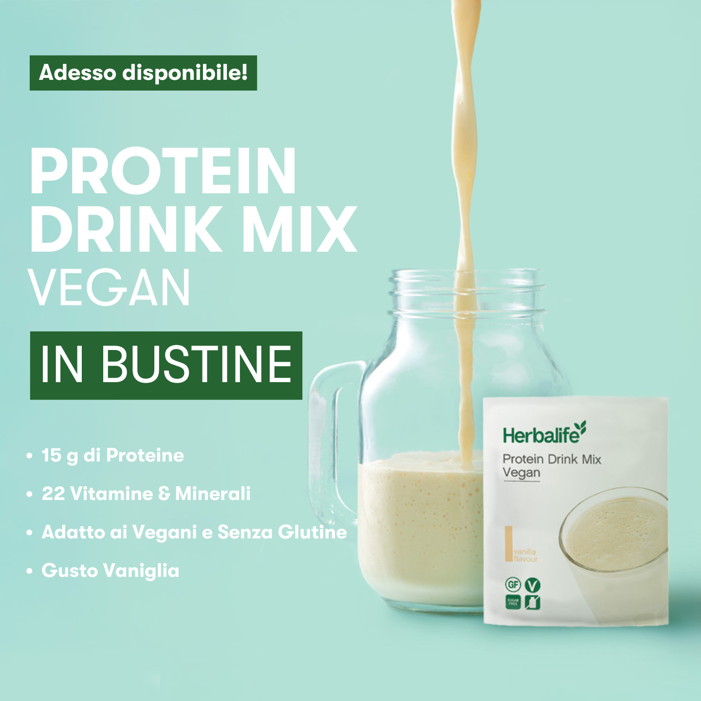 Poster ufficiale Herbalife Protein Drink Mix Vegan in bustine, gusto vaniglia, con bevanda versata in un bicchiere