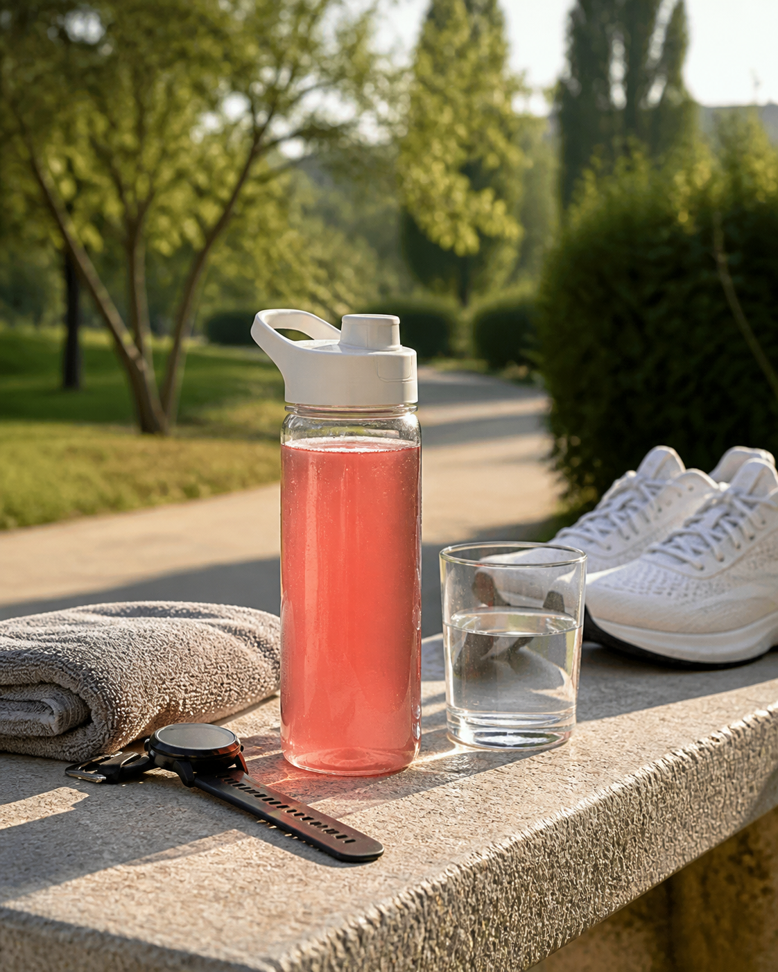 Bevanda per l’idratazione durante l’attività fisica con acqua, scarpe, asciugamano e orologio sportivo